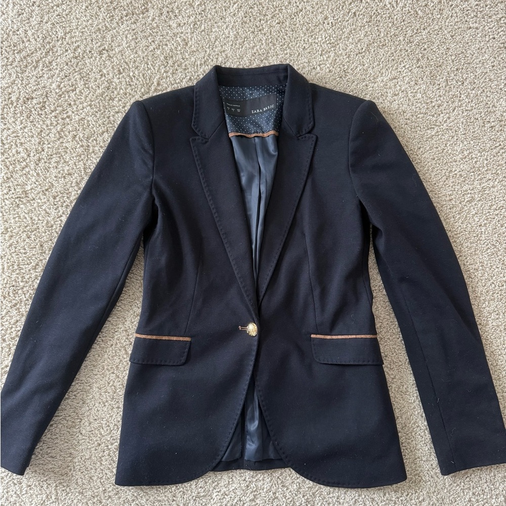Zara Navy and Tan Blazer Tailored Suit Jacket with Elbow Detail & Shoulder Pads